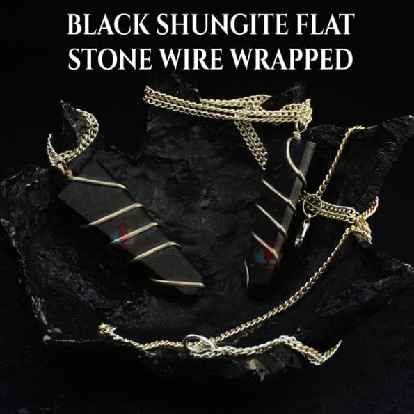 Black Shungite Flat Stone Wire Wrapped Pendant - Image 4