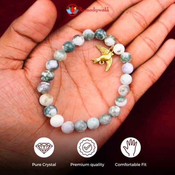 Tree Agate Bracelet 8mm with Bird Charm