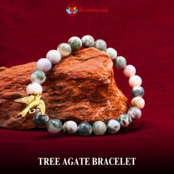 Tree Agate Bracelet 8mm with Bird Charm