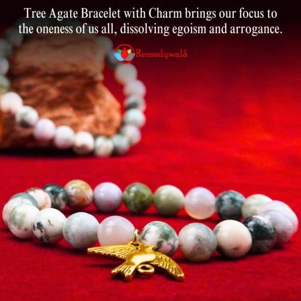 Tree Agate Bracelet 8mm with Bird Charm