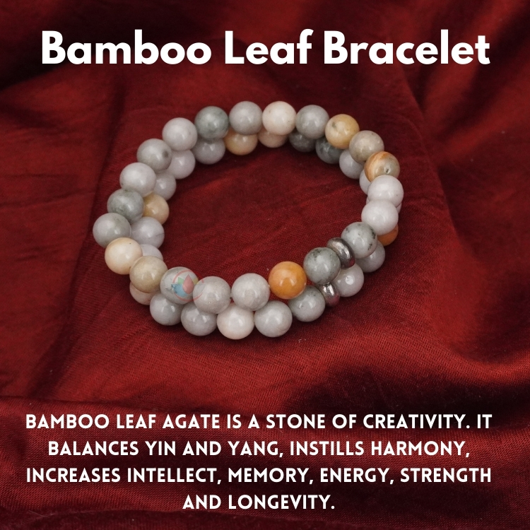 Bamboo Leaf Bracelet 8mm single Bracelet, Bamboo Leaf stone, Grey color.