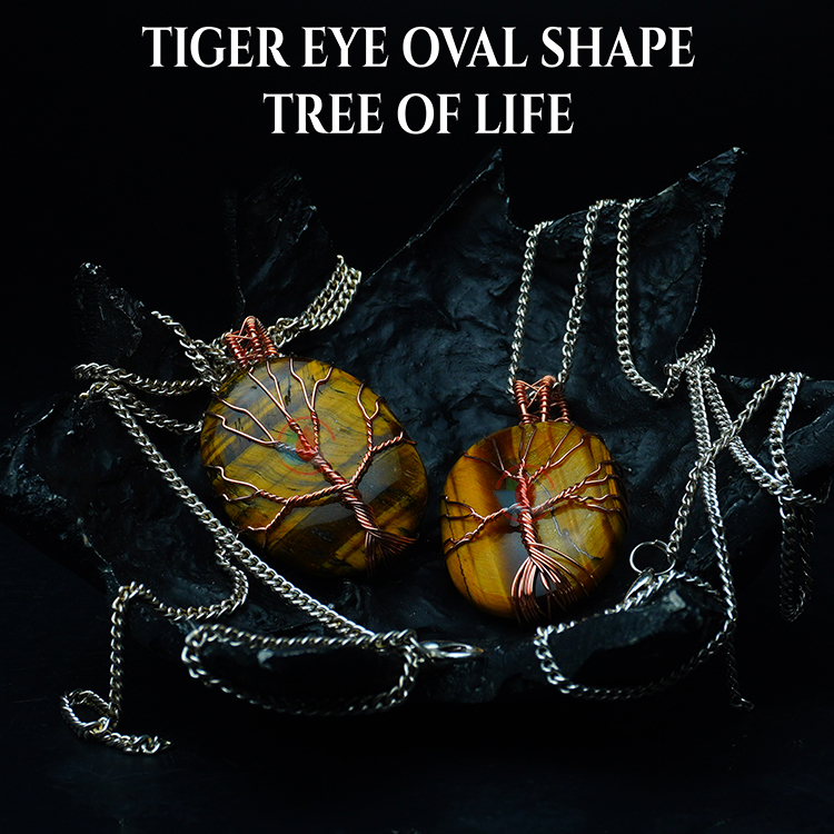Tiger Eye Oval Shaped Tree Of Life Pendant
