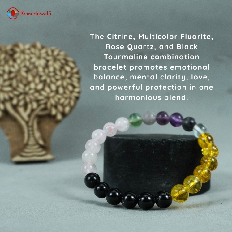 Citrine, Multicolor Fluorite, Rose Quartz, Black Tourmaline Combination Bracelet - Image 2