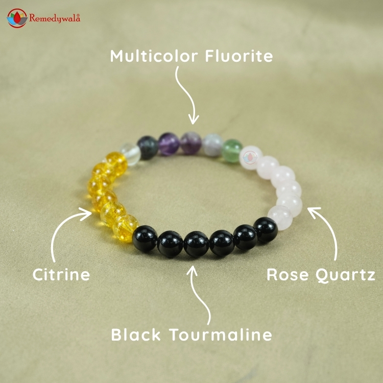 Citrine, Multicolor Fluorite, Rose Quartz, Black Tourmaline Combination Bracelet - Image 3