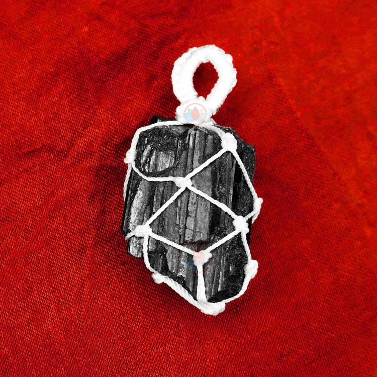 Black Tourmaline White Thread Cage Pendant