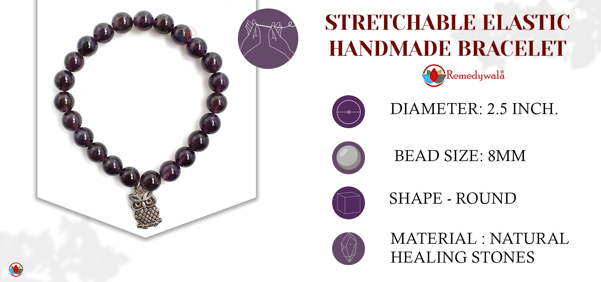 Amethyst with Owl Charm Bracelet Amethyst with Owl Charm Bracelet 8mm