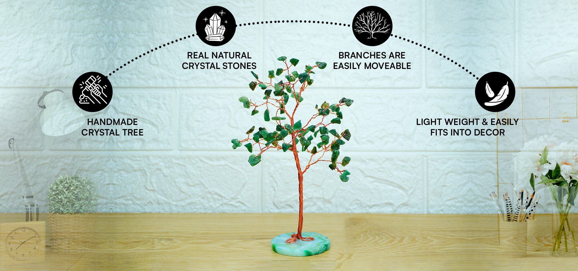 Green Jade Tree 100 Beads Slice Stone Base