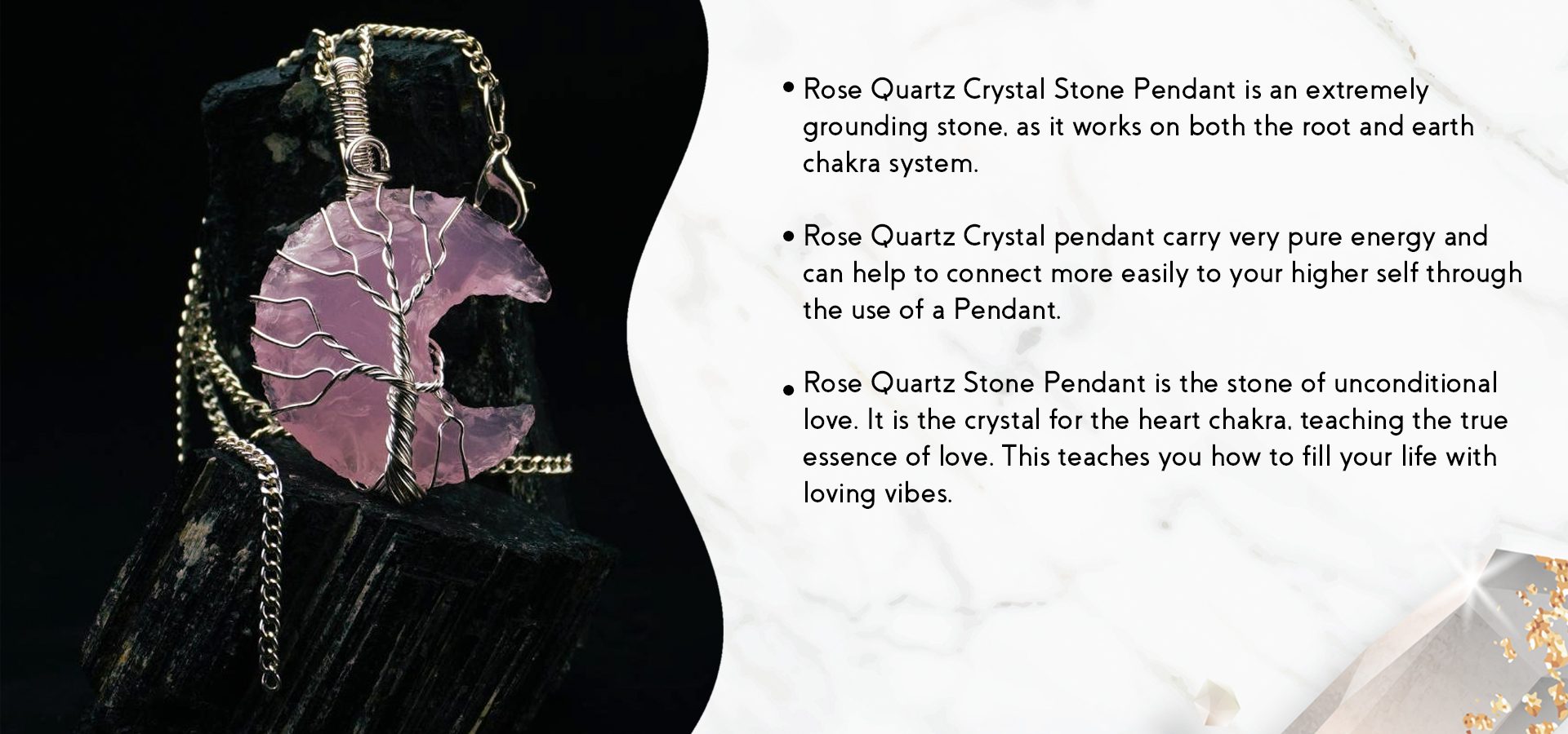 Rose Quartz Half Moon Tree of Life Pendant