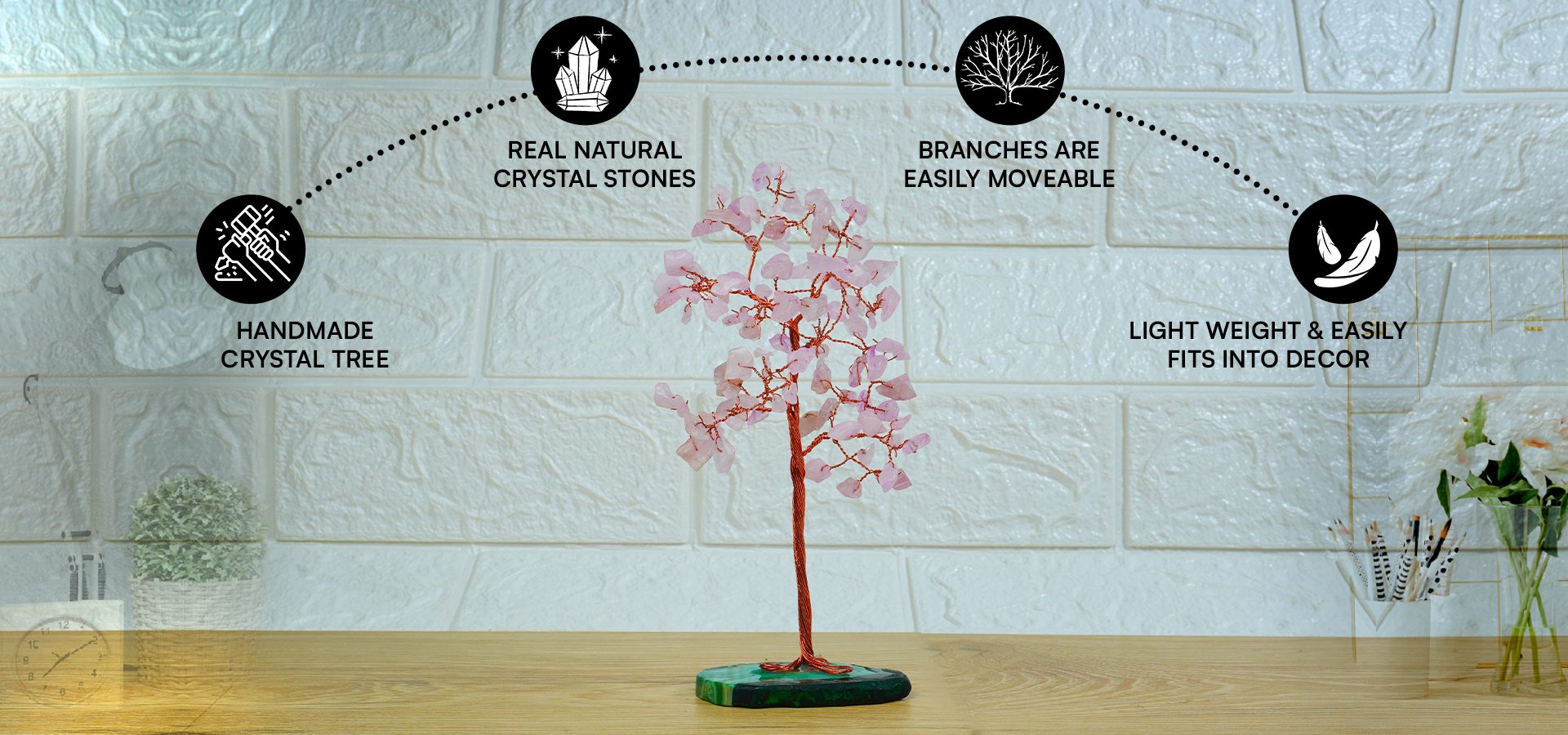 Rose Quartz Tree 100 Beads Slice Stone Base