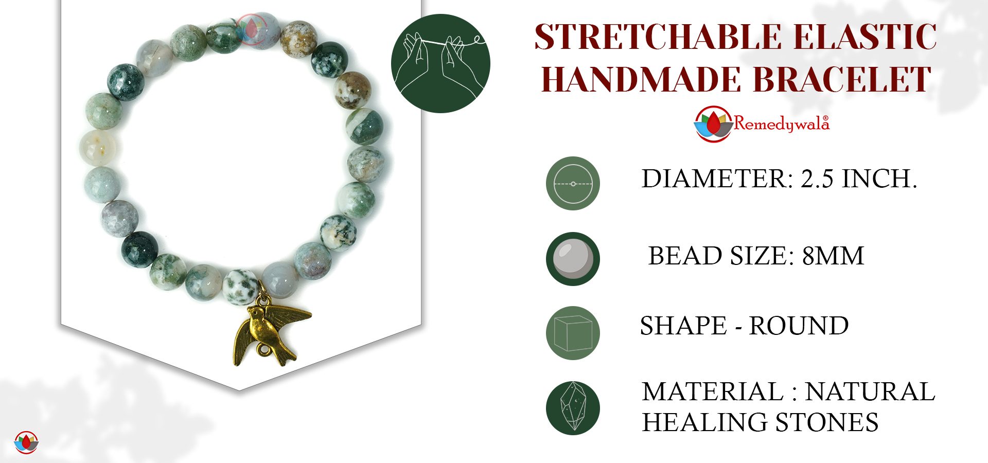 Tree Agate Bracelet 8mm with Bird Charm